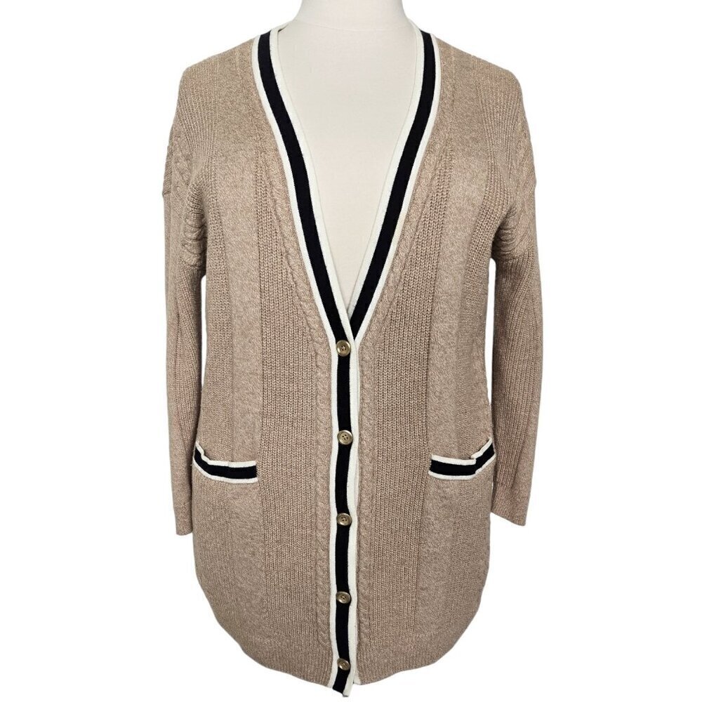 Talbots Tan Cable Knit V-Neck Button-Up Longline Cardigan Office Preppy